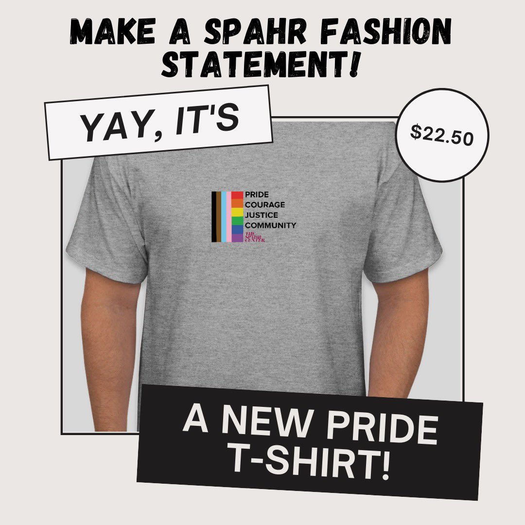 4HarmReduction's tweet photo. The Spahr Center is excited to release a new pride T-shirt! We hope this increases LGBTQ+ disability in Marin County, and increase awareness of The Spahr Center. Each handsome shirt costs $22.50 including shipping and unisex sizes S-3XL! https://t.co/vMQ7sUpqrk