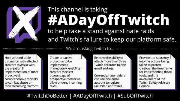 MaxMielecki's tweet photo. Don’t know how many folks I know do Twitch, but if you do, please consider taking a day off viewing/streaming today. Twitch has a huge problem with harassment of POC &amp; LGBTQ creators right now. Google it if you want to know more!#ADayOffTwitch https://t.co/1VH9bsbtIk