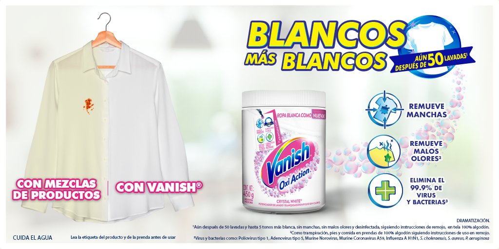 Solo necesitas una cucharadita de #Vanish y su oxígeno activo para tener blancos más blancos.  Deja que tu ropa favorita quede como nueva y cuéntanos la historia de aquella mancha que no conoce aún el poder de #Vanish. 😮