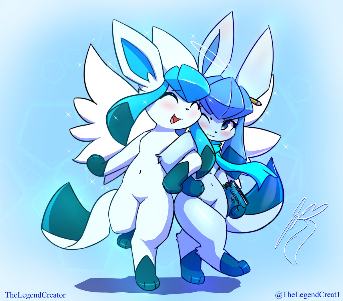 Oh my, hopefully I'm not too late but I manage to make a quick piece for Glaceon day! ^W^
I keep missing this special day but thankfully I made time to doodle and I figured it would be perfect to introduce my Glaceons: Nieva my angel Glaceon and Elsie the artist~ 💙❄️