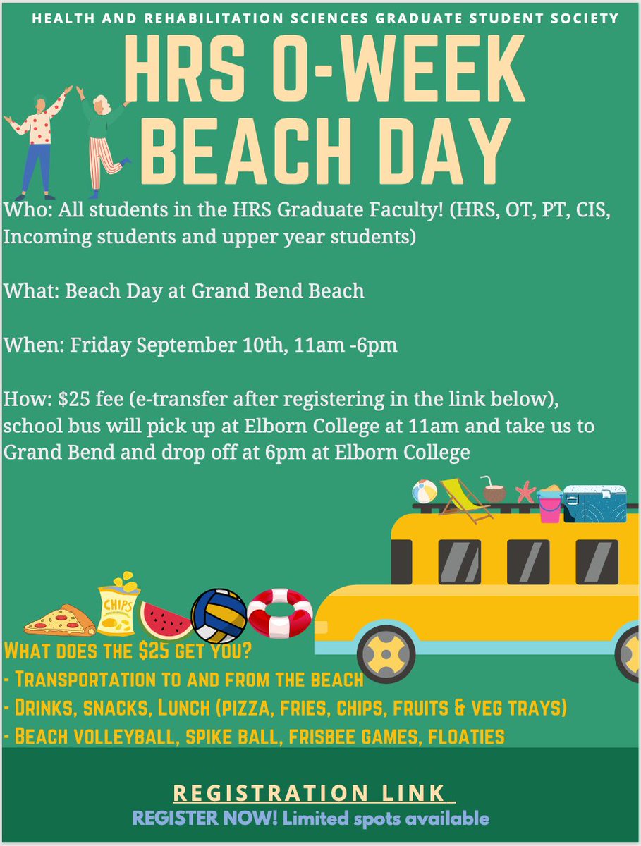 HRS Students: 
Our in-person O-Week event is set! Beach Day at Grand Bend!
When: Friday September 10th 11am-6pm
Where: Grand Bend
How: School Bus will transport students to and from Western University-$25 fee will get you transportation AND snacks/lunch 

uwo.eu.qualtrics.com/jfe/form/SV_by…