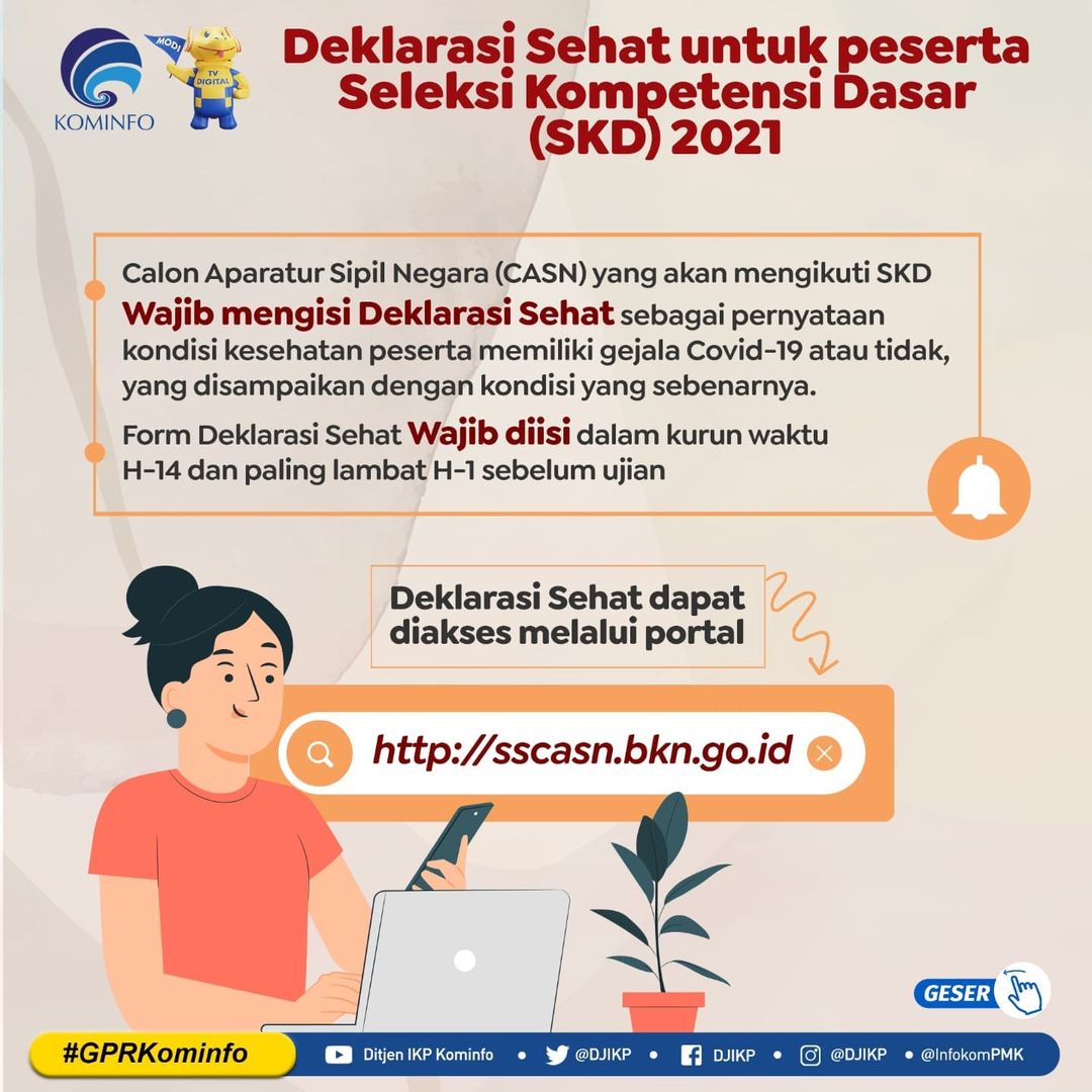 kominfongw's tweet photo. Dalam kondisi pandemi ini, demi keamanan peserta SKD wajib mengisi Deklarasi Sehat di https://t.co/S2bVJXdqFo sebagai bukti pernyataan bebas Covid-19. Akan tetapi, jika peserta dinyatakan positif Covid-19 dapat melapor ke instansi masing-masing. https://t.co/Oya6QqSNvk