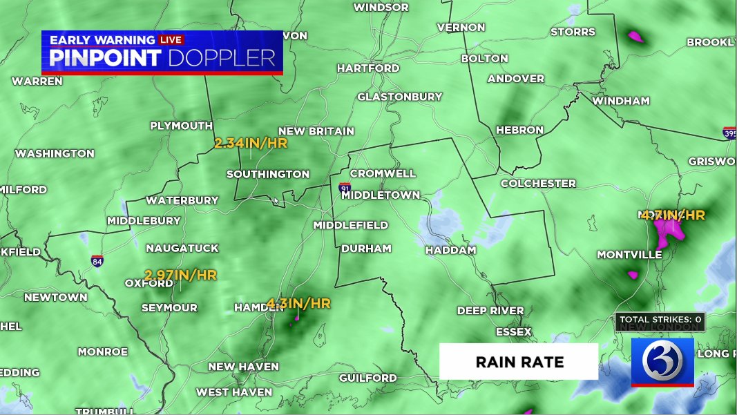 The Flash Flood Warning has been extended until midnight for Fairfield County.  Incredible rainfall rates in parts of CT according to Doppler!