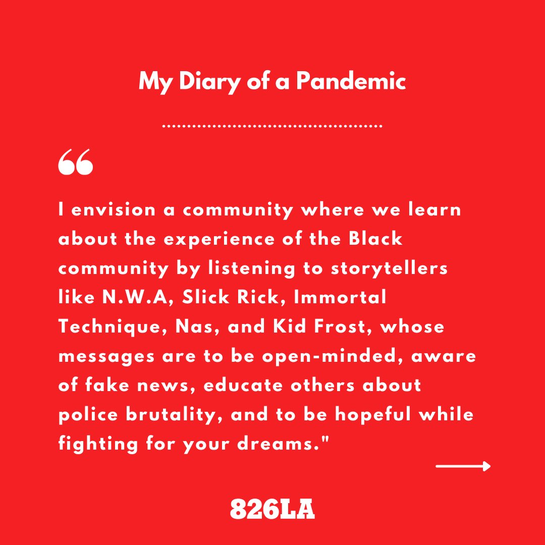 826LA's tweet photo. #StudentWritingWednesday Rafael writes about their vision for the #BoyleHeights community in a post-pandemic world in My Diary of a Pandemic. Read the full passage from the student publication "Finding Our Way" free on our Virtual Hub https://t.co/RslJnStbl3 https://t.co/gKL8ZgY5H6
