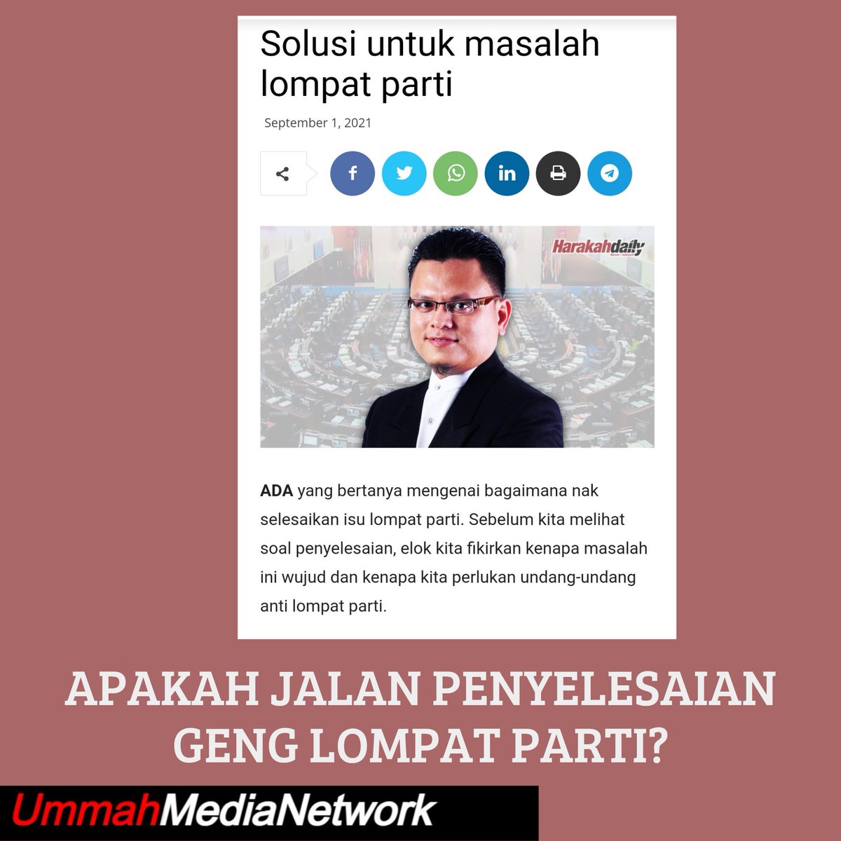 UmmahMediaNet's tweet photo. APAKAH JALAN PENYELESAIAN GENG LOMPAT PARTI?

Pautan :
https://t.co/Wy30GQebT0 https://t.co/lxYI27jHf6
