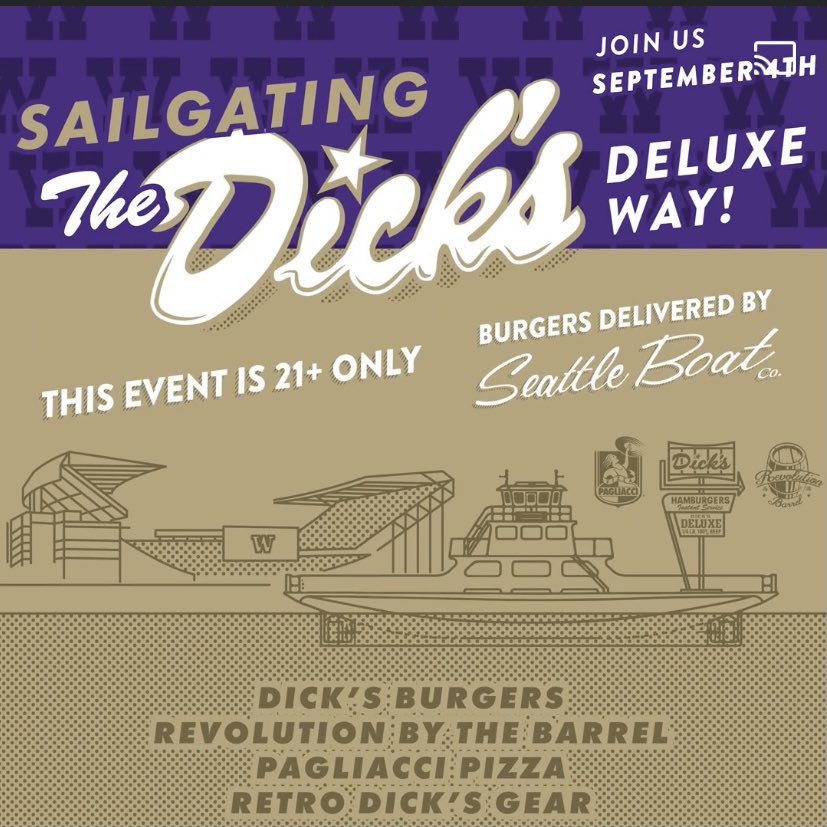 erecasner's tweet photo. Alright Yall it’s bout to go down again, this time no rain for the @DicksDriveIns Sailgate burger give-a-way this Saturday September 4th before the @UW_Football vs @MontanaGrizFB game on Lake Washington.
I’ll be running thru the Montlake cut like @napoleonkaufman… https://t.co/qDZRbSZ4Ge