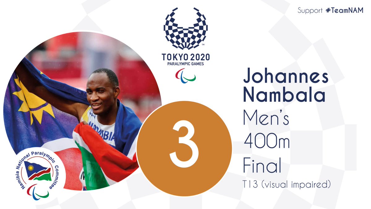 Johannes Nambala brings another medal to Namibia! 🇳🇦
He ran a season's best of 48.76s in the 400m T13 event on a rainy Tokyo 2020 track. It was worth a bronze medal!🥉#
#ParalympicsTokyo2020
#Paralympics 
#TeamNam #NAM
#NAMKOMESHO