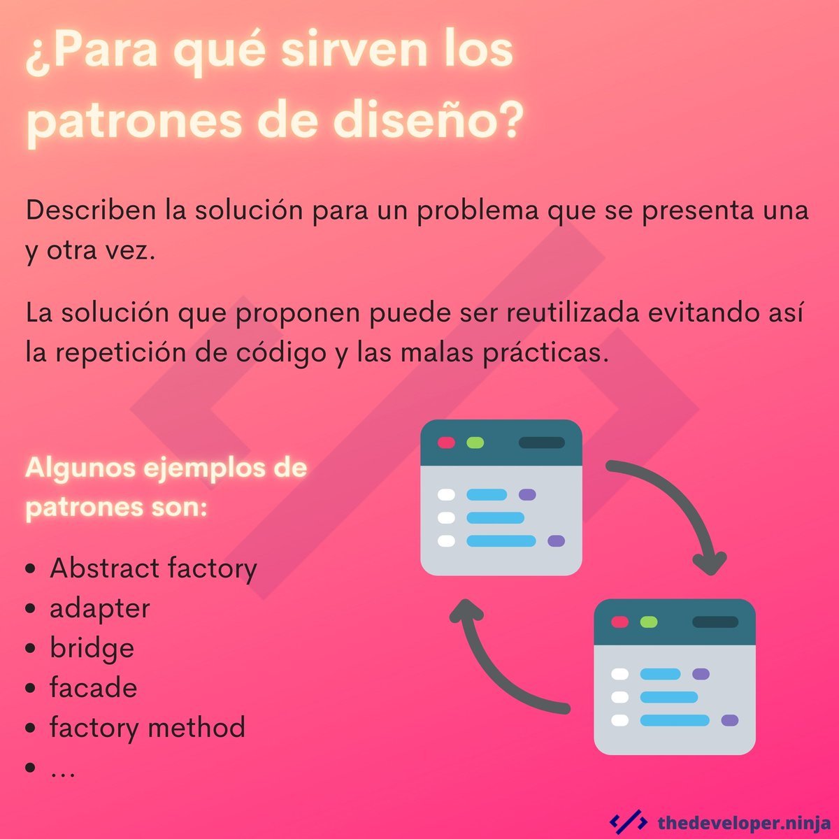 ThedeveloperN's tweet image. Conceptos que debes de aplicar 💡 #design_patterns, #patrones, #good_practices