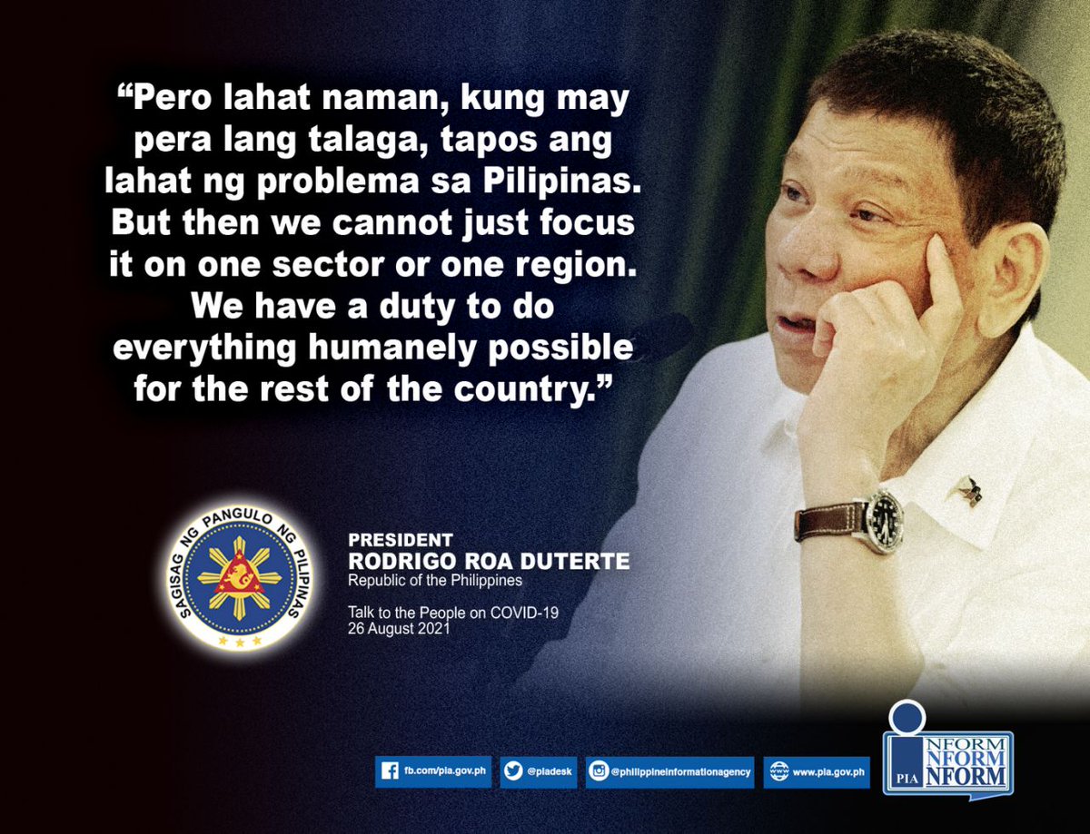 PIADesk's tweet photo. Isinaad ni Pangulong Rodrigo Duterte ang importansya ng pagbabalanse ng pagbibigay ng budget sa lahat ng dako ng bansa upang mabigyan ng pantay na atensyon ang bawat komunidad sa Pilipinas.

#TalkToThePeople #Government #WholeCountry #BalancedBudget #DuterteLegacy https://t.co/DEhBrsPsXj