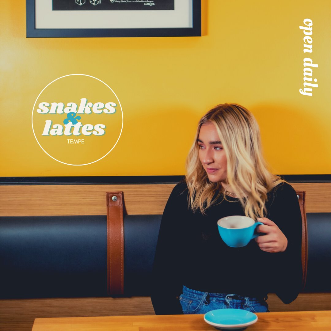 Have you been into Snakes &amp; Lattes Tempe?! We are open daily!
Sunday: 10AM - 9PM
Monday 11AM - 9PM
Tuesday: 11AM - 10PM
Wednesday: 11AM - 10PM
Thursday: 11AM - 10PM
Friday: 10AM - 12AM
Saturday: 10AM - 12AM