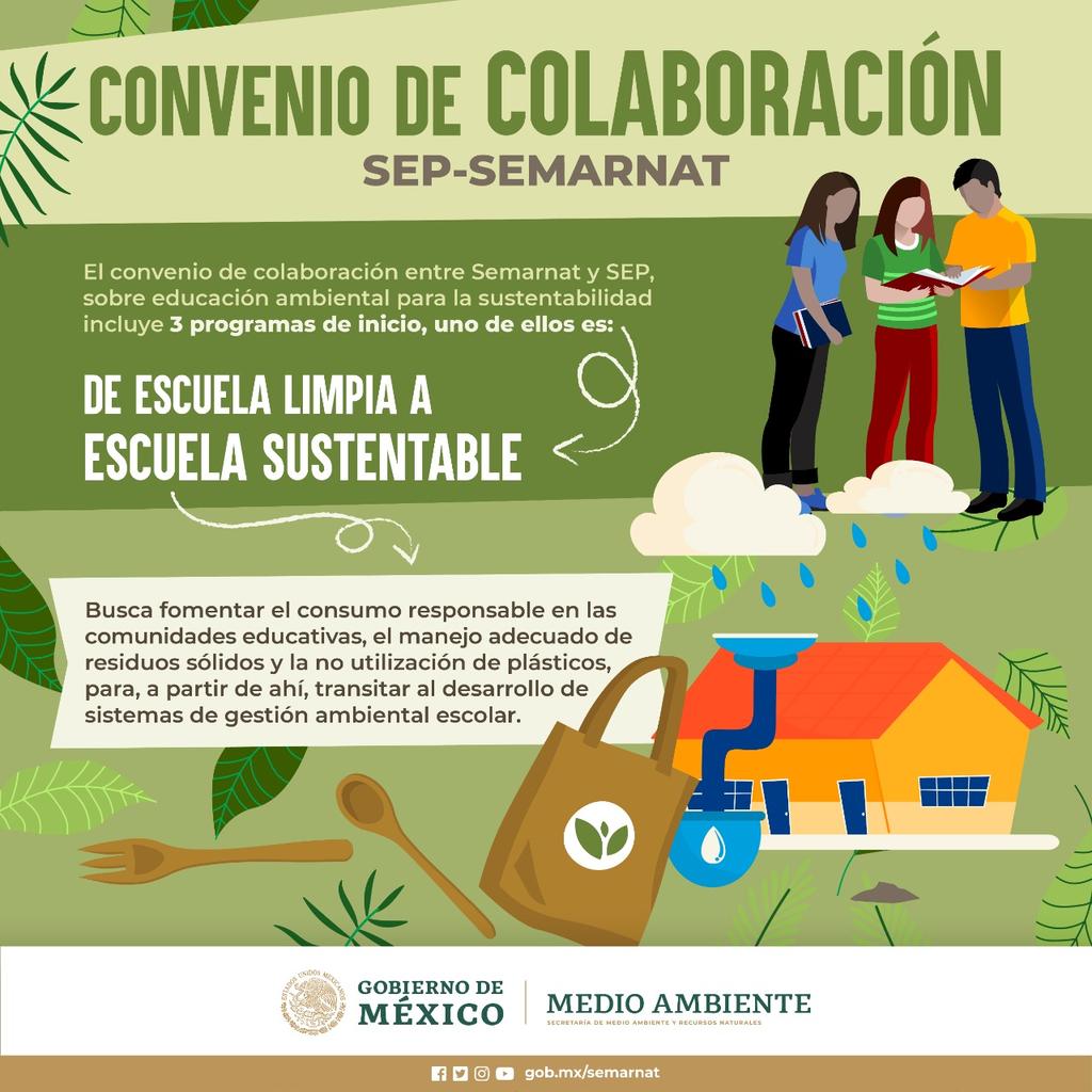 SEMARNAT_mx's tweet photo. Con el programa “De escuela limpia a escuela sustentable”, del convenio #Semarnat - @SEP_mx, se pretende transitar al desarrollo de sistemas de gestión ambiental escolar que contribuyan a disminuir los impactos de las escuelas en el ambiente. 👩🏽‍🏫👨🏽‍🏫📚🍃

Conoce más. 👇🏽 https://t.co/uV4pKWFvGo