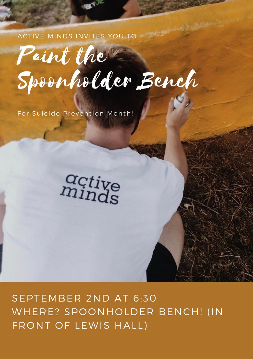 MsideActiveMind's tweet photo. Hey Mustangs! Tomorrow at 6:30 by the Spoonholder Bench, Active Minds invites you to join us in painting the Spoonholder Bench for Suicide Prevention Month! We can’t wait to see you there! 
https://t.co/TPmLZ9rQQG https://t.co/WAbgTJcTNq