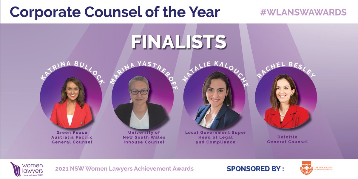 WLANSW's tweet photo. Congratulations to our finalists for the Corporate Counsel of the Year, sponsored by the Law Society of New South Wales.

The winner for this award will be announced on Tuesday 14 September. 

 https://t.co/szkcd5tkxN

#WLANSWAWARDS #womenlawyers #womeninlaw #corporatecounsel https://t.co/t6u7ooZwon