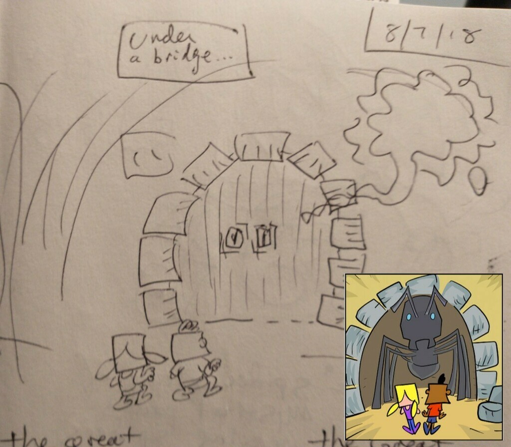goodeaton's tweet photo. The new Bug Zapper book was prompted by an image: Robert and Amber encounter a giant mystery bug in a tunnel under the town. Here's the original sketch, and the panel in the finished book.
#bugzappercomics #comicsprocess #makingofcomic #kidscomics #comi… https://t.co/6caFYYEpj8 https://t.co/AaHqmV0cuh