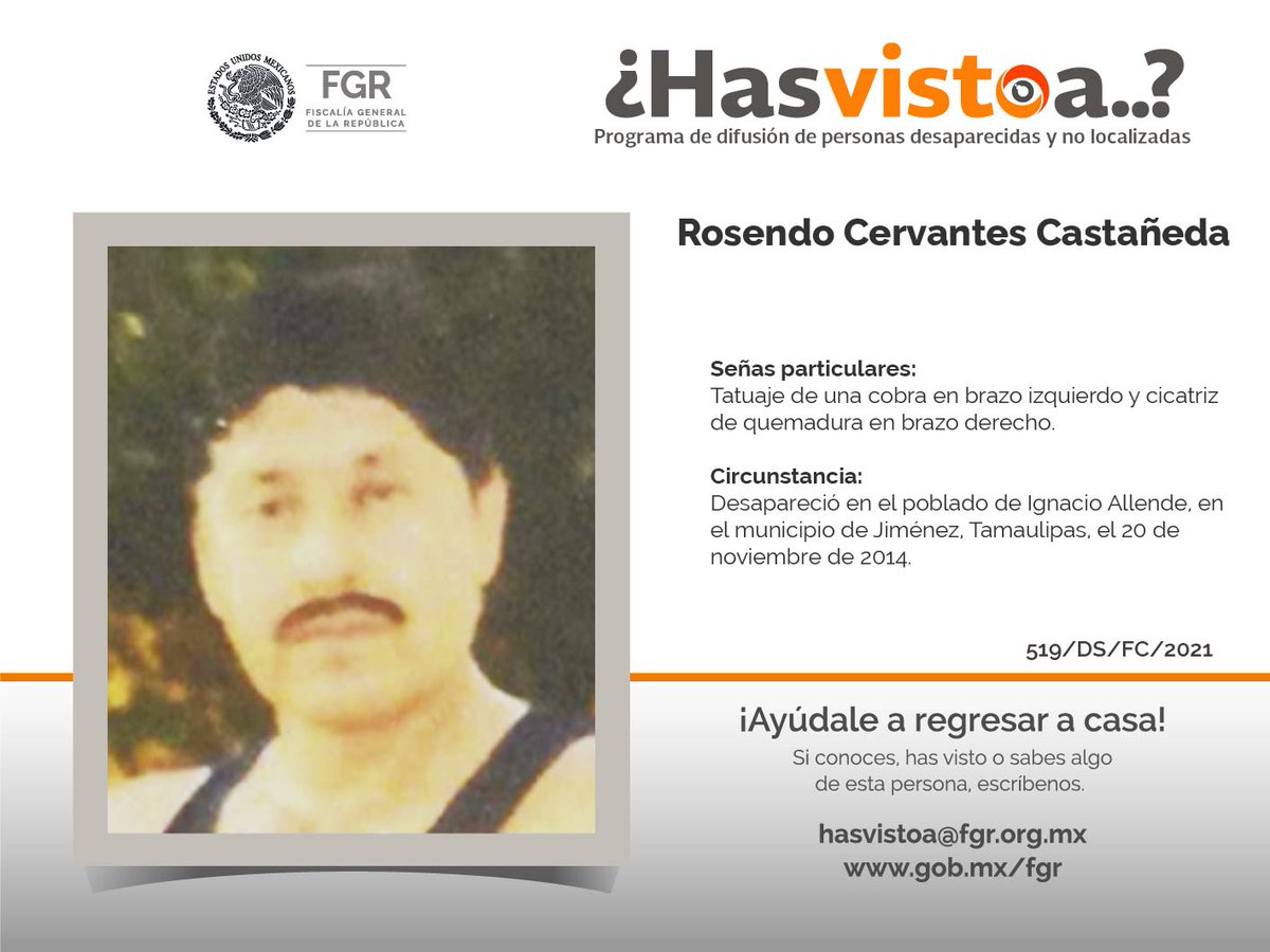 FGRMexico's tweet photo. ¡Tu participación es importante! Si tienes alguna información o #HasVistoA escribe al correo hasvistoa@pgr.gob.mx. #Comparte, alguien podría tener un dato que ayude a encontrarle. https://t.co/Jbu1SFEU57