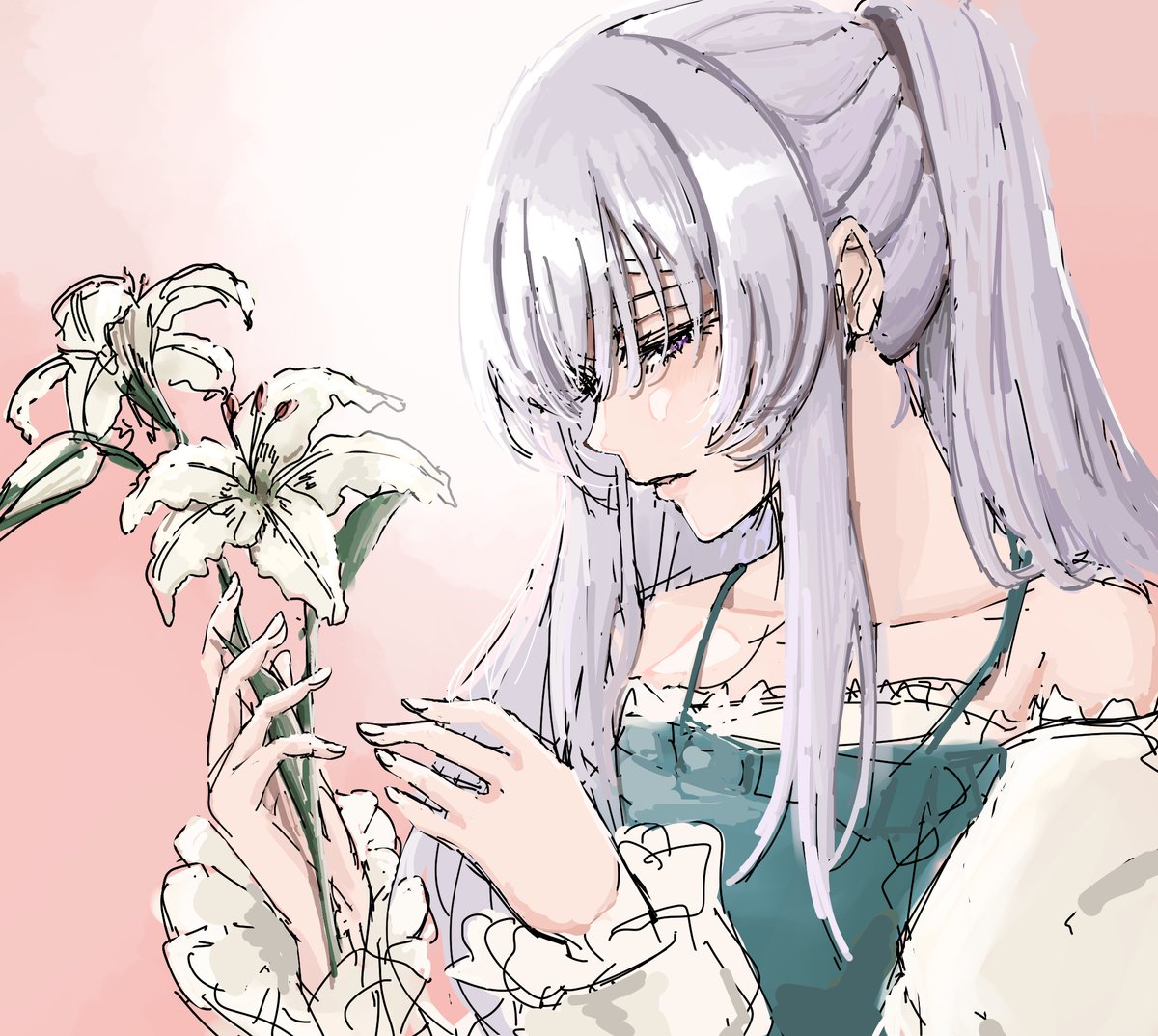 yukoku kiriko 1girl solo flower long hair grey hair purple eyes lily (flower)  illustration images