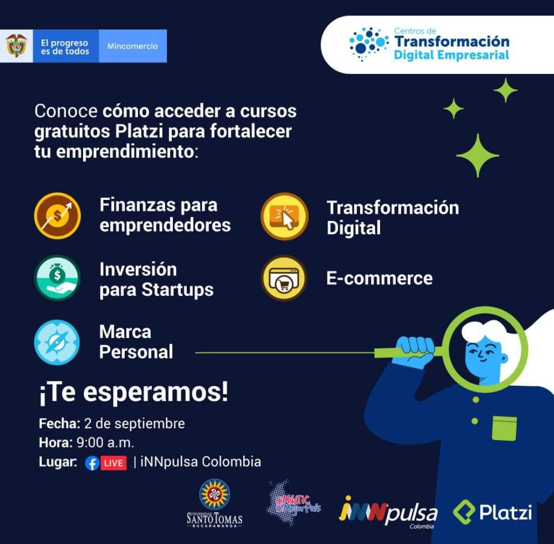 InvitaciónEspecial ✅ para los emprendedores y empresarios. El CTDE Santoto Bga amplía su oferta de cursos habilitadores.

Conoce más sobre estos ingresando al Facebook Live de Innpulsa Colombia 

📲 Conéctate mañana jueves 2 de septiembre aquí --> facebook.com/35399849128481…