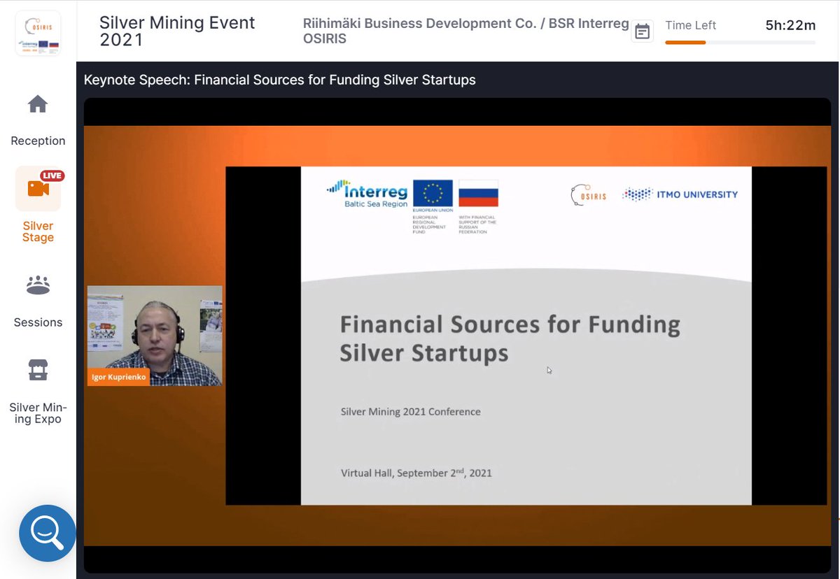 #SilverMining2021 LIVE NOW!

Currently on Silver Stage:

<a href="/IKuprienko/">Igor Kuprienko</a> from <a href="/ruitmo/">ITMO University</a>:
"Financial Sources for Funding Silver Startups"

Join the event now: app.hopin.com/events/silver-…

<a href="/InterregBSR/">Interreg Baltic Sea Region</a>  #SilverMiningEvent2021 #OSIRISInterregBSR #Smartspecialization #Silvereconomy #financing