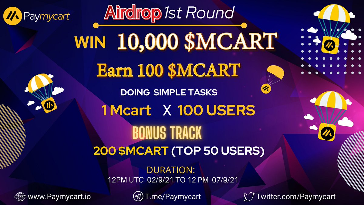 Paymycart 1st #Airdrop &amp; Prelaunch Allocation💰🔥

Paymycart is giving away $10,000 worth of $MCART Tokens..!!! 🔥😍

Participate Here: bit.ly/3zDhibV 🚀🚀

Like &amp; Retweet to get huge chance 
to win #Airdrop👍🥳

#MCART #PAYMYCART #Airdrops  
#WHITELIST #ICO  #BSC #BTC