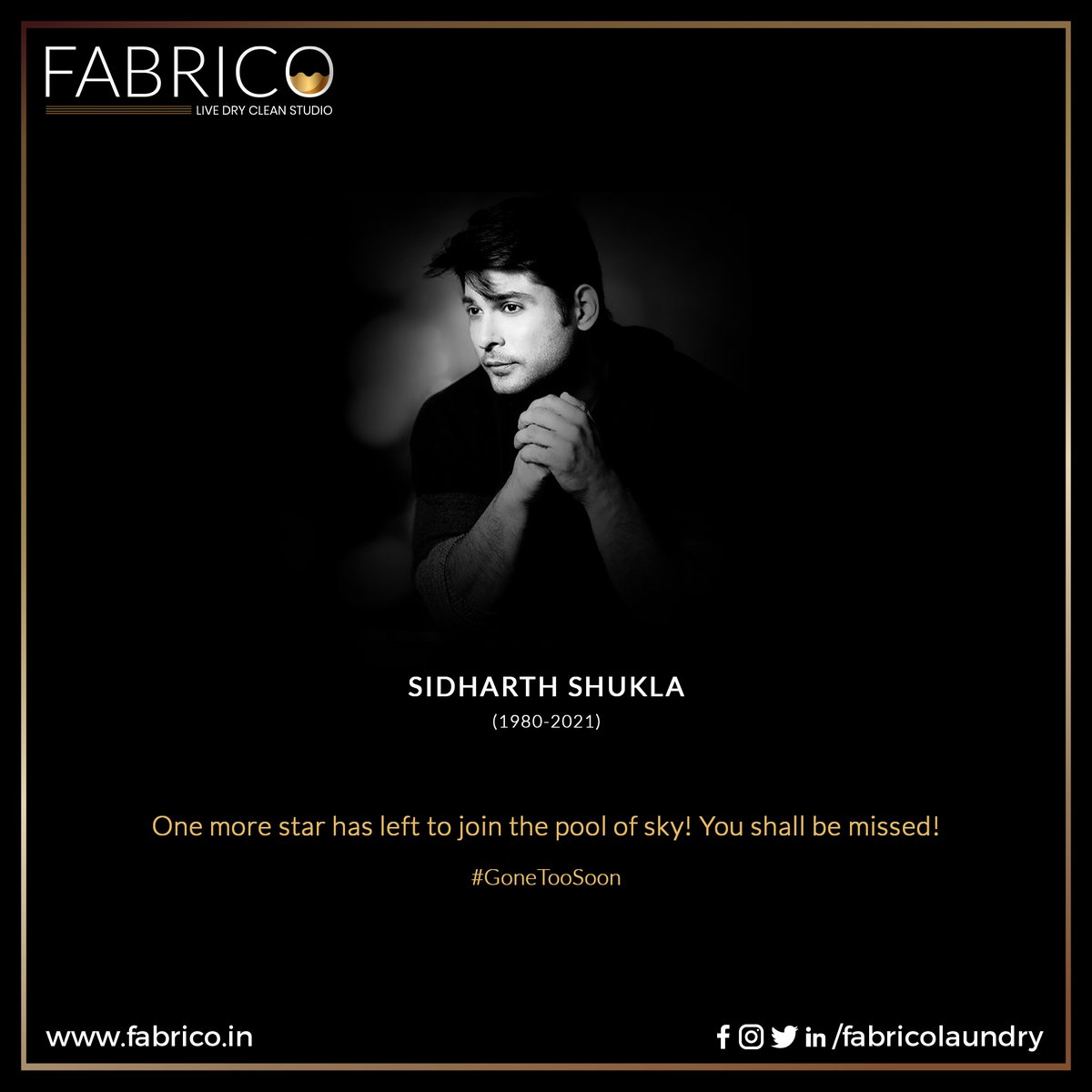 fabricolaundry's tweet image. We are mourning! The nation is mourning! 

Never expected him to leave so soon. 

You left us with a void which shall never be filled again. Rest in peace!

#sidharthshukla #ripsidharthshukla #bigboss13winner #rip #sidharthshuklafans #actor #sidharthdied #bollywood #tvindustry