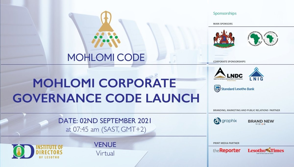 jdiaho's tweet photo. The dawn of a Lesotho tailored Corporate Governance Code #MohlomiCode #IODLesotho 🤝🏾 https://t.co/906x4JmJep