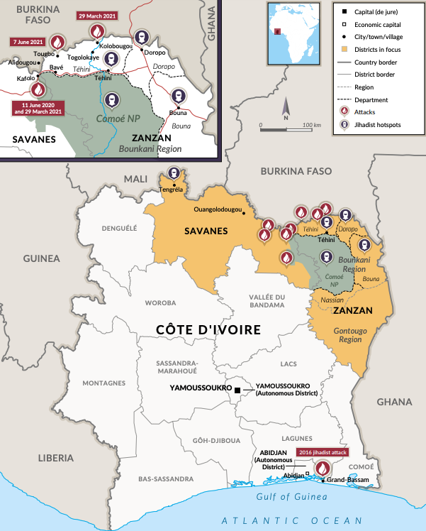  Sites of jihadist attacks in Côte d’Ivoire, 2016–2021.