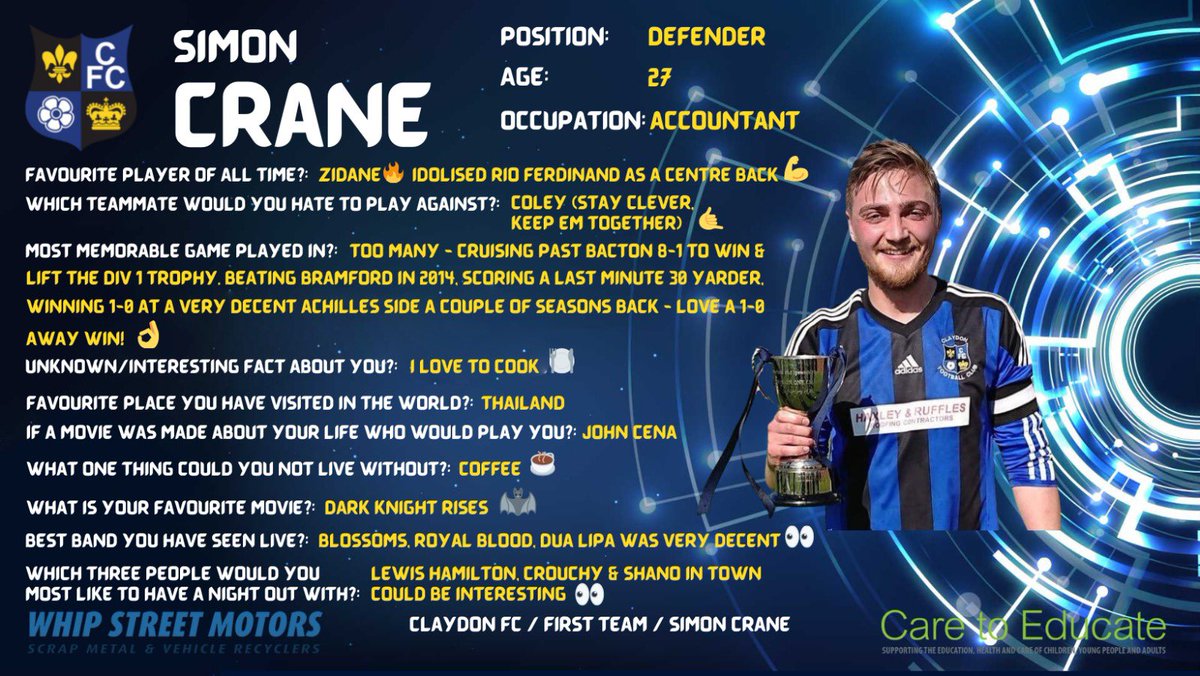 Claydon_FC's tweet photo. Next up is First team captain Simon Crane. Claydon through and through, playing youths and then Seniors. Has matured into a fantastic player and leader. His cool, calm and collective persona helps balance out the crazy in the squad 👀 148 appearances 👏 and 9 goals 💙🖤 #OurSkip https://t.co/lrgUAOMeVK