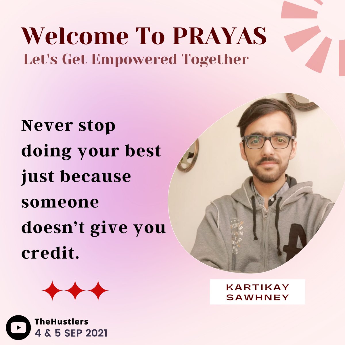 TheHustlers_'s tweet photo. The Hustlers are here with the biggest summit of the year, Prayas 2021. An event for students to learn, collab and contribute to their dream career.

Welcome To PRAYAS
Our Special Guest 
@KartikaySawhney 
 
So what are you waiting for?
Register yourself @
https://t.co/LA4Gajpti7 https://t.co/exteUhEq3u