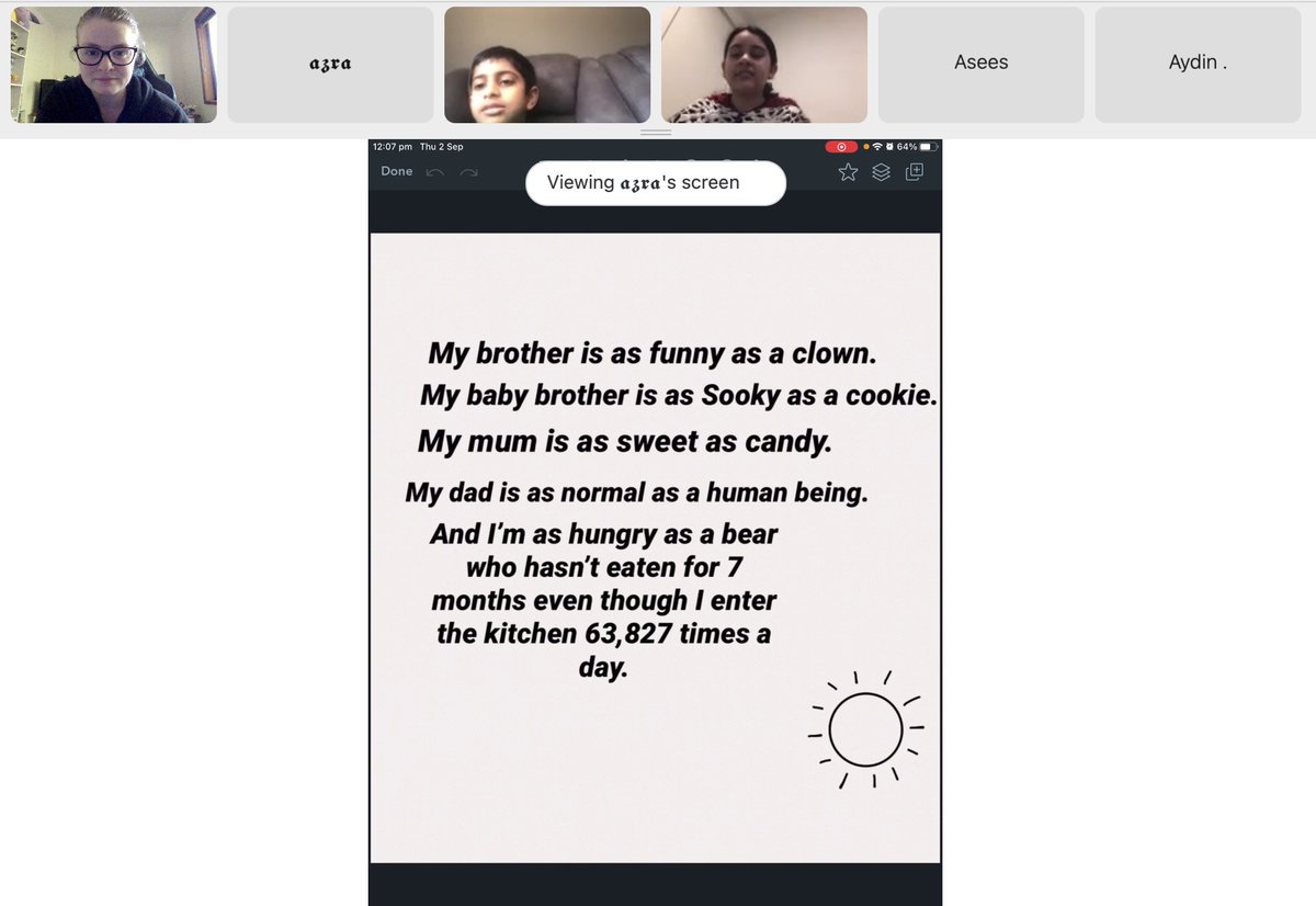 Miss_SuggACPS's tweet photo. 5F came together on WebEx this afternoon to share our writing pieces with each other. This week, we've been trying to include as much collaborative learning as possible. @AitkenCreekPS https://t.co/CW2IOFoSk1