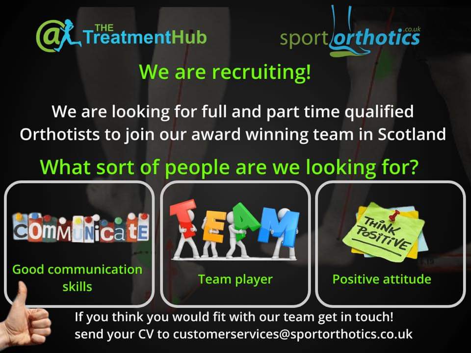 TreatmentHub's tweet photo. We are recruiting! Want to work as an Orthotist in our award winning private clinics in Scotland?  Well, get in touch! Send your cv to customerservices@sportorthotics.co.uk https://t.co/cIYSsiySlw