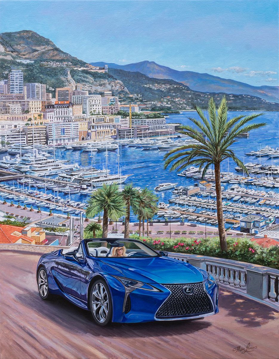 El póster de Marc Lamers es un óleo sobre lienzo donde aparece el Lexus LC Cabrio Regatta Limited Edition con el paisaje de Mónaco de fondo. Vota tu Lexus LC Cabrio travel poster favorito en bit.ly/3mRokWK