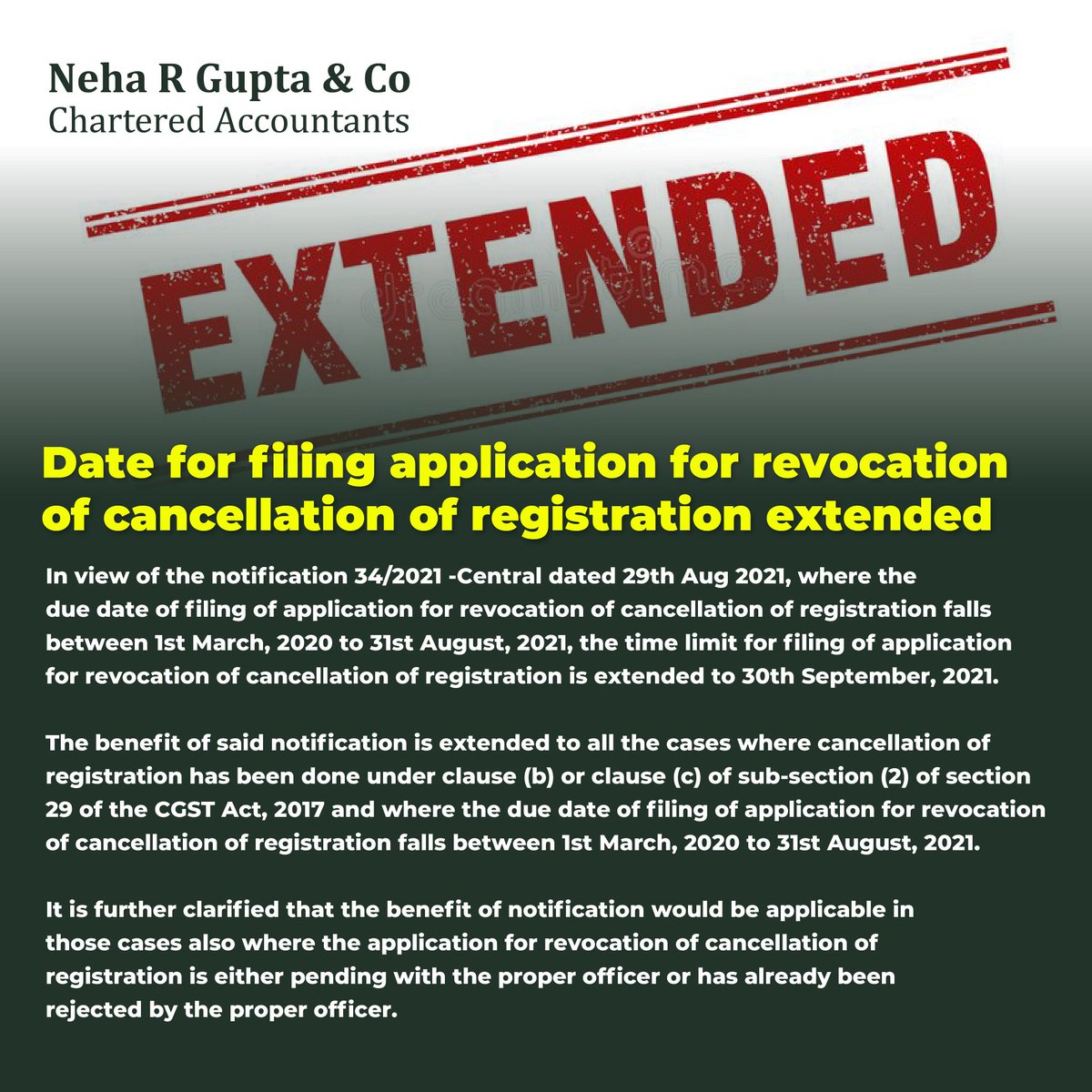 NehaRGuptaCo's tweet image. Date for filing application for revocation of cancellation of registration extended!

Follow us for more updates
@NehaRGuptaCo

#cgst #cgstupdate #extensionupdate #india