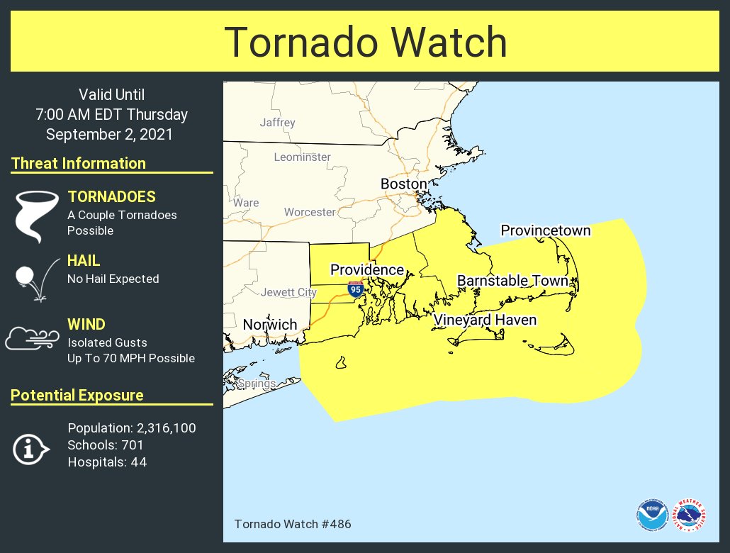 NWSBoston's tweet image. A tornado watch has been issued for parts of Massachusetts and Rhode Island until 7 AM EDT