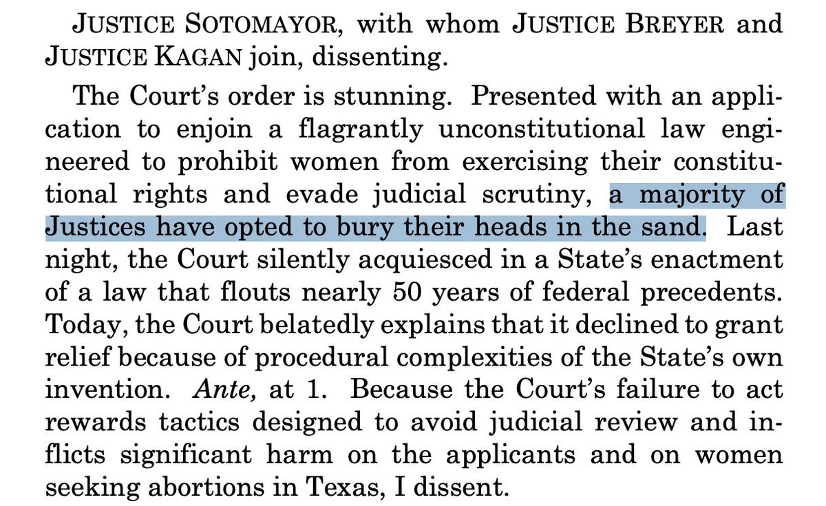 By a 5–4 vote, the Supreme Court just allowed Texas to enforce a law that prohibits abortions after six weeks, with no exception for rape or incest. Roe v. Wade is, functionally, overturned. Justice Sotomayor all but says it. s3.amazonaws.com/s3.documentclo…