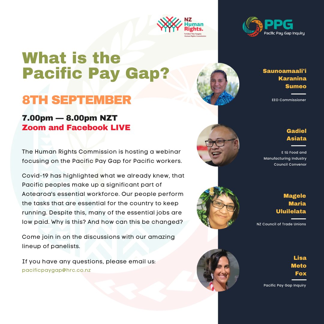 KaraninaSumeo's tweet photo. No plans next Wednesday night? Why don't you join the @NZHumanRights webinar &amp; hear from our amazing panelists as we discuss the human rights implications of the #PacificPayGap and the urgent need to close this gap. No need to register. Details👇 and here:
https://t.co/hGCGZdPsx4 https://t.co/ClUQaMm6Qg
