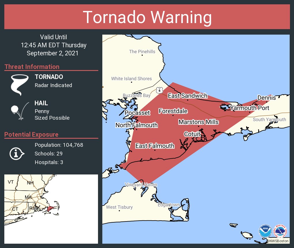 NWSBoston's tweet photo. Tornado Warning continues for East Falmouth MA, Yarmouth Port MA, Forestdale MA until 12:45 AM EDT https://t.co/0nz5yXqypw