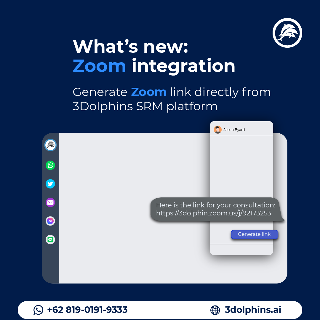 3dolphinsAI's tweet photo. Good news! 3Dolphins SRM is now able to generate Zoom link directly from the platform. 

Try this new feature now. Contact us through WhatsApp: +62 819-0191-9333 or simply click this link! https://t.co/rGLsuWV1u2 https://t.co/UmLvbXHJB1