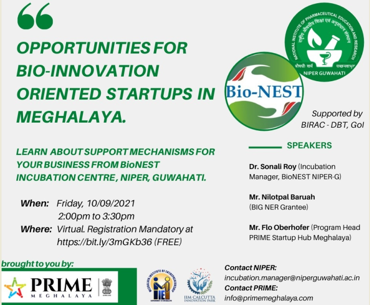 BioNEST Incubation Centre, NIPER Guwahati, India (@bionestniper) on Twitter photo Please apply.
Outreach Programme on Opportunities for Bioinnovation oriented startups in Meghalaya organized by <a href="/BionestNiper/">BioNEST Incubation Centre, NIPER Guwahati, India</a> with PRIME Startup Hub Meghalaya
Registration Link: bit.ly/3mGKb36
Date: 10 Sept 2021
Time 2:00 pm -3:30 pm
<a href="/BIRAC_2012/">DBT-BIRAC</a> <a href="/GuwahatiNiper/">NIPER Guwahati</a> Please apply.
Outreach Programme on Opportunities for Bioinnovation oriented startups in Meghalaya organized by <a href="/BionestNiper/">BioNEST Incubation Centre, NIPER Guwahati, India</a> with PRIME Startup Hub Meghalaya
Registration Link: bit.ly/3mGKb36
Date: 10 Sept 2021
Time 2:00 pm -3:30 pm
<a href="/BIRAC_2012/">DBT-BIRAC</a> <a href="/GuwahatiNiper/">NIPER Guwahati</a>