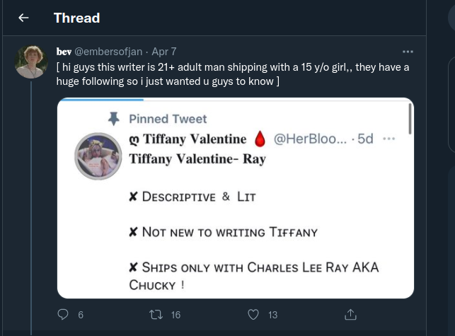 NIGHTMARECRIPT's tweet photo. @ChuckyFever2020 You really wanna do this right now? Trying to pin me down &amp; tarnish my name. Well, what you gotta say about you roleplaying a married couple (Chucky and Tiffany) with a 15 year old? This is weird and unacceptable. So shut up and keep my name out your mouth. https://t.co/2Pp4p0qLYy