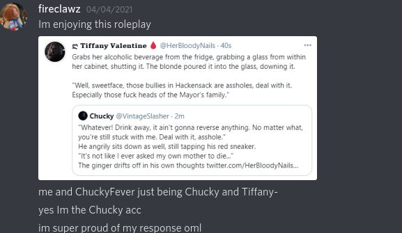 NIGHTMARECRIPT's tweet photo. @ChuckyFever2020 You really wanna do this right now? Trying to pin me down &amp; tarnish my name. Well, what you gotta say about you roleplaying a married couple (Chucky and Tiffany) with a 15 year old? This is weird and unacceptable. So shut up and keep my name out your mouth. https://t.co/2Pp4p0qLYy