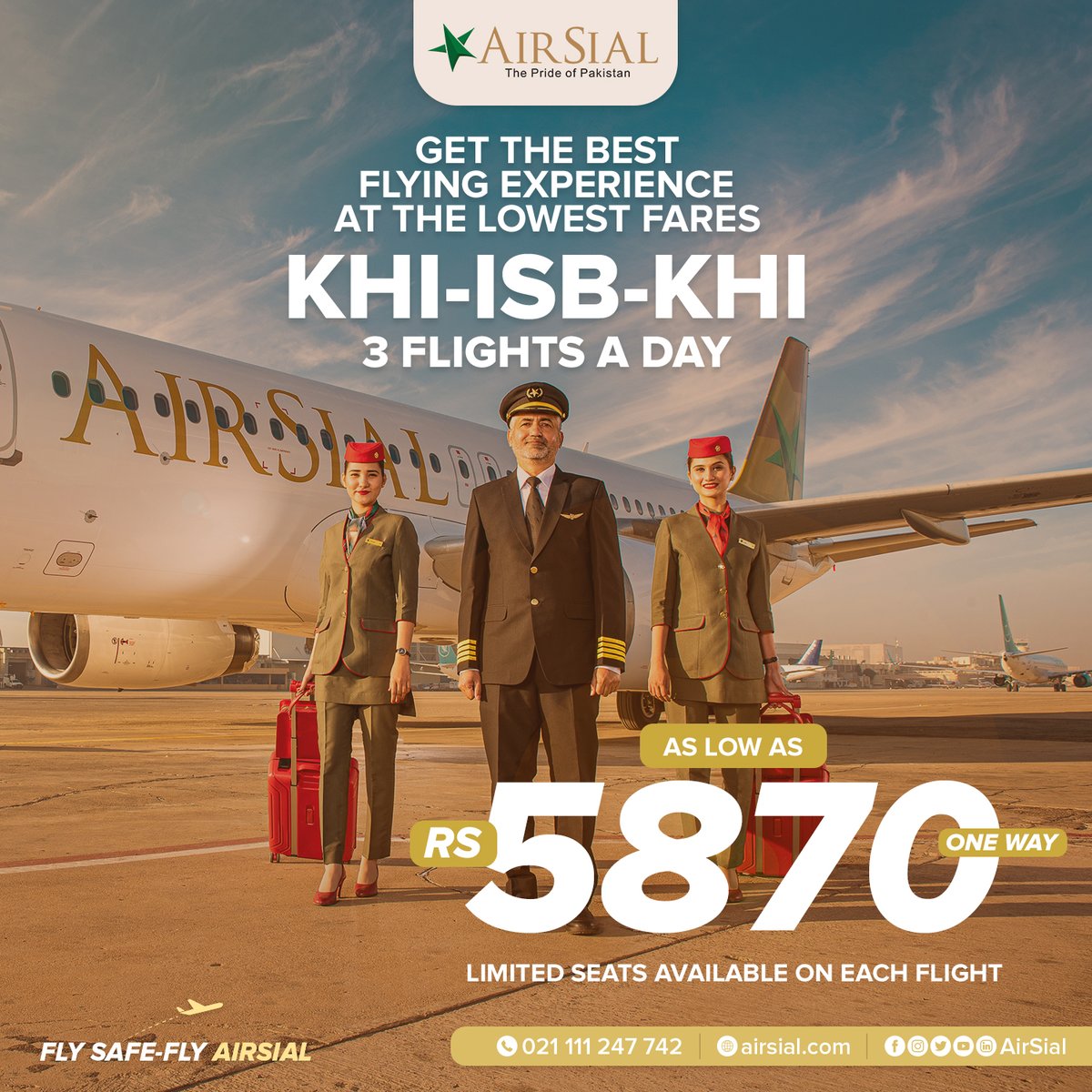 airsial's tweet image. News of the Week! 
PKR 5,870 is our starting fare now. Get the best flying experience with #Airsial between KHI-ISB-KHI 3 times a day.  
Limited seats are available at this fare on each flight. Book your tickets now!
Fly Safe - #flyairsial