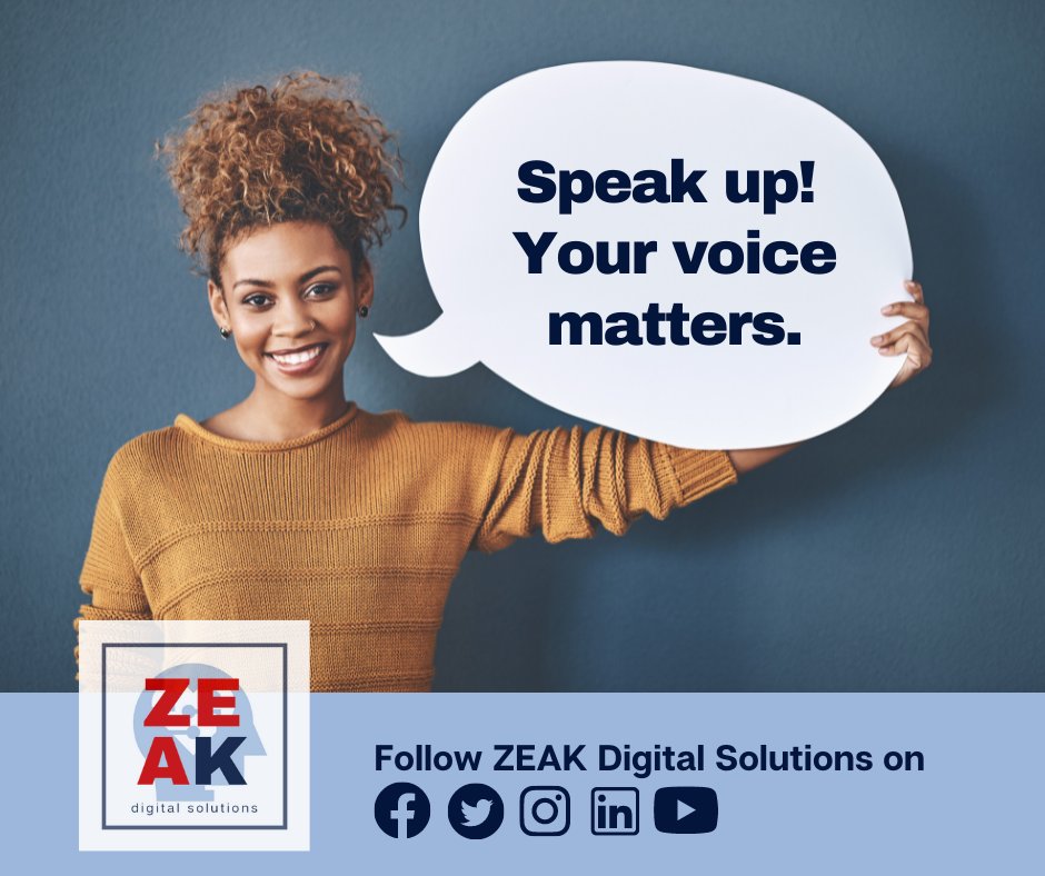 ZEAKDigital's tweet photo. Speak up 📢 your mind because your voice matters. Yet, be responsible and be relevant  👍.

Follow ZEAK Digital Solutions on Facebook, Twitter, and  Instagram. Check out my LinkedIn and YouTube! 

#socialmediapresence #zeakdigitalsolutions https://t.co/1CXif3wOAX