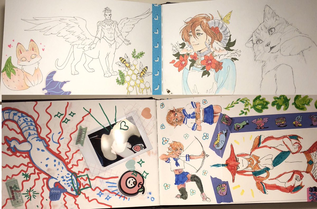 today's my last day before I move to CA for school, my friends surprised me with a sketchbook they all drew in full of my favorite characters, ocs, interests, inside jokes, photos of us, and memories with my friends… it's the most special gift I've ever received T__T 