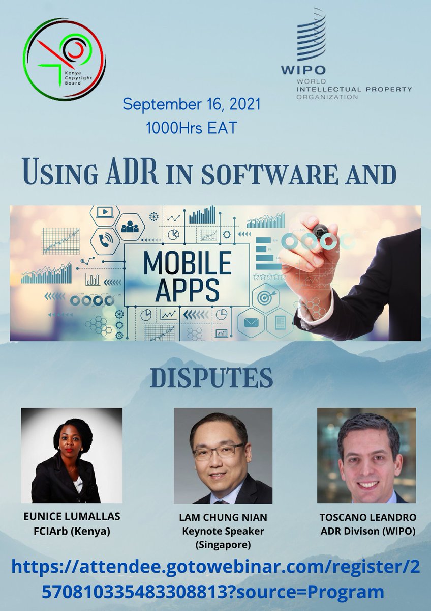 Join us on September 16 as we discuss the use of ADR in resolving mobile app disputes. Register here attendee.gotowebinar.com/register/25708… This webinar is important for software/app developers, policy makers, lawyers, students etc. Don't be left out.