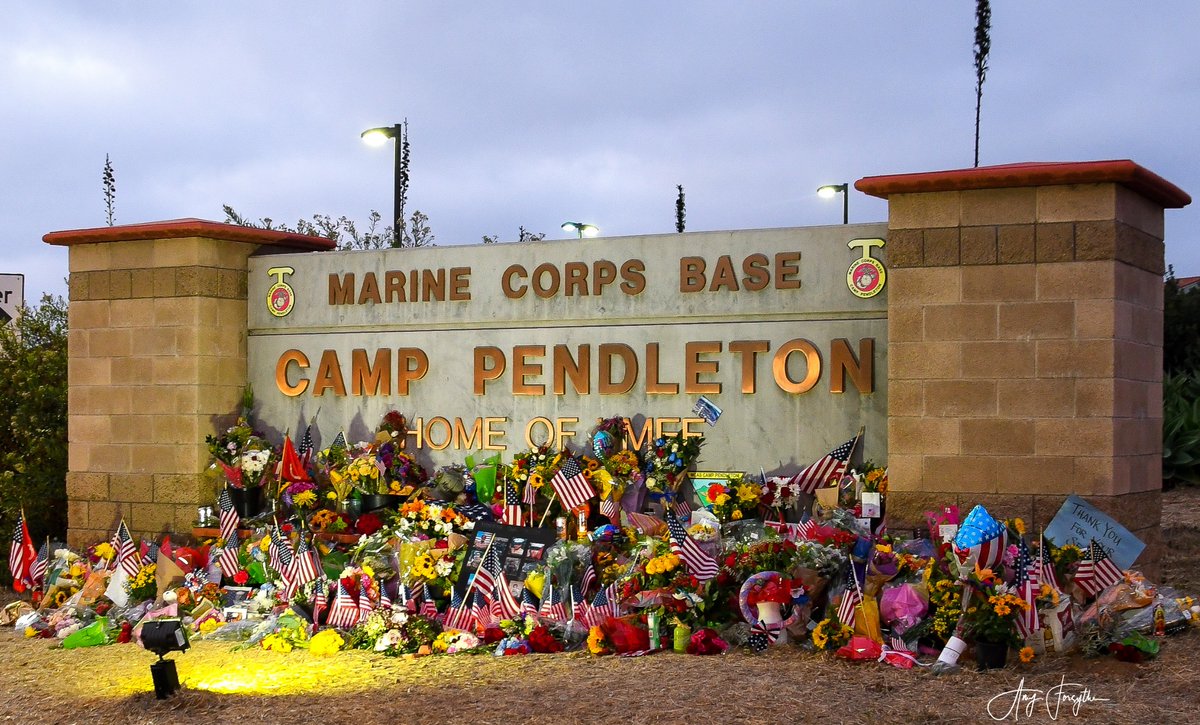 The front gate to Camp Pendleton has turned into a temporary memorial to honor those killed by a suicide bomber at the airport in Kabul, #Afghanistan, Aug. 26, 2021. The community here in North San Diego County cares deeply about Marines, Sailors and their families.💝🇺🇸💐🌺 

(Photo taken on Aug. 30, 2021, by Amy Forsythe)

#HeroesLiveHere #camppendleton 