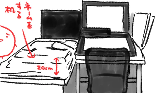原稿期間(ひたすらPC作業)とネーム期間(アナログ・考え事)の切り替えがうまくできず、毎回激しくどんよりしている
原稿やってる間に気が付いたら机(物理)が埋まってしまうからというのもある 