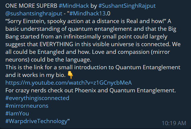 important parts of caption:

This is the link for a small introduction to Quantum Entanglement 

m.youtube.com/watch?v=z1GCny…

For crazy nerds check out Phoenix and Quantum Entanglement.
the hts used:  
#Mindhack13.0
#everythingisconnected 
#mirrorneurons 
#IamYou
#WarpdriveTechnology