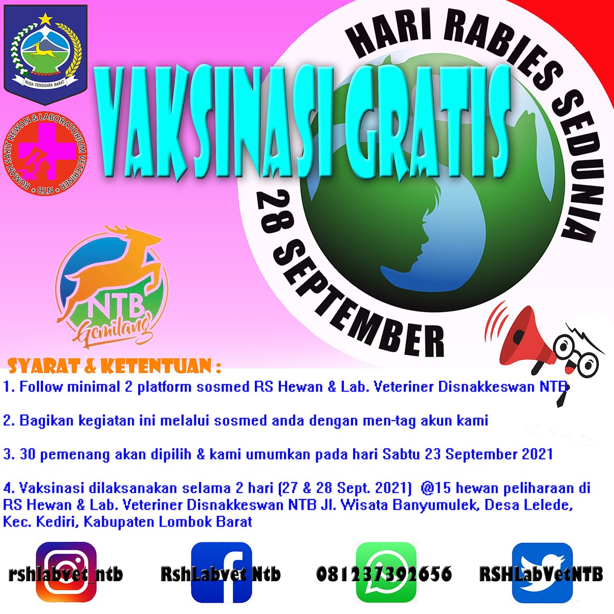 RSHLabVetNTB's tweet photo. Share terus, ya?! Supaya peluang terpilih semakin besar @disnakkeswanNTB
#lombok #mataram #ntbbangkit #ntbgemilang #peternakan #peternakanntb #disnakkeswanntb #kesehatanhewan #rumahsakithewanntb #laboratoriumveterinerntb #rshntb #labvetntb #veteriner #rabies #worldrabiesday #wrd https://t.co/tFIqOoiv95