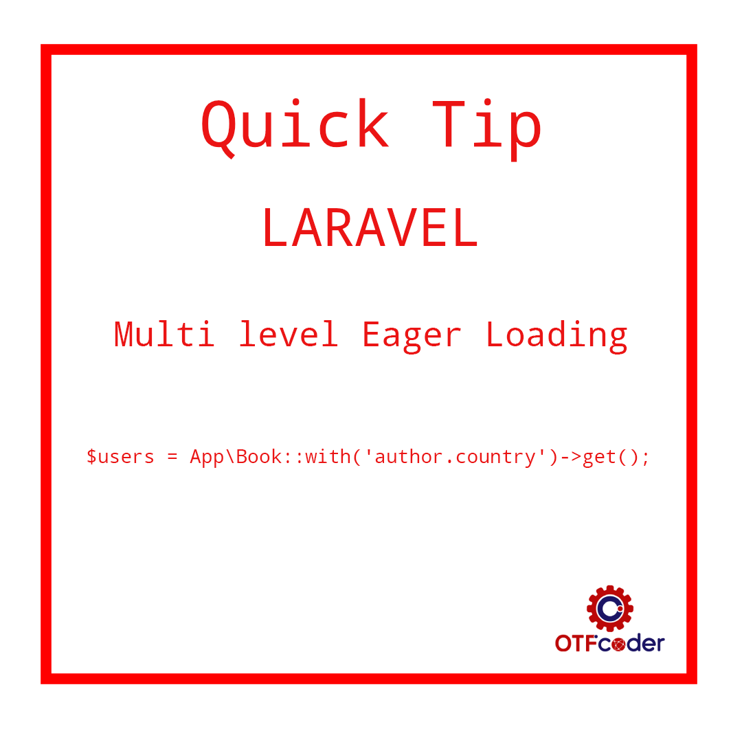 OTFCoder's tweet photo. #Laravel Tip for the Day.
Multi level Eager loading
Follow us on Facebook, Instagram, LinkedIn, Pinterest, Tumblr, And Twitter for more Tips and Updates.
.
.
.
.
.
#tipoftheday #laraveldevelopers #laraveltips #laravelphp #php #programming #programmer #developer #tips #otfcoder https://t.co/IOEhMD1vyH