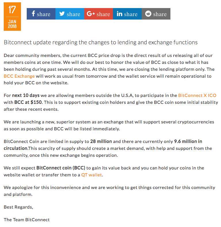 bitconnect's tweet image. Very few of the articles mention that the victims of Bitconnect were all given back BCC coins when the scam ended. The value of this coin then plummeted as users sold on bitconnect.co and HitBTC.

Refer to this 2018 statement from Bitconnect (who we are not).